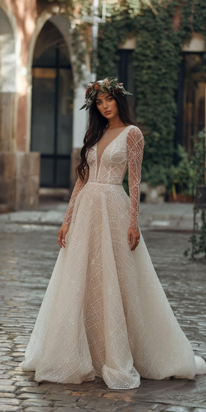 Dazzling beaded trumpet wedding dress featuring shimmering details and a graceful silhouette, a statement piece among trumpet wedding dresses.
