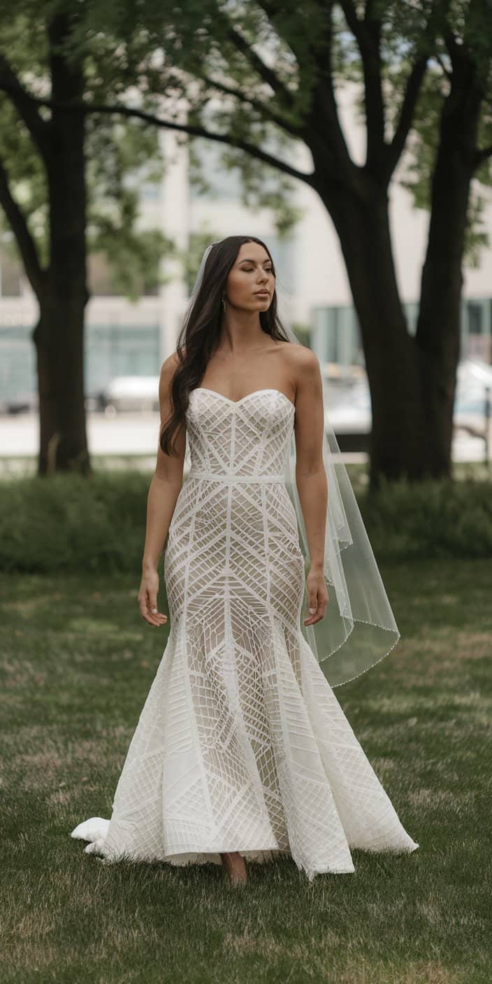 Elegant trumpet wedding dress adorned with intricate beadwork and a subtle flare, perfect for brides seeking luxurious trumpet wedding dresses