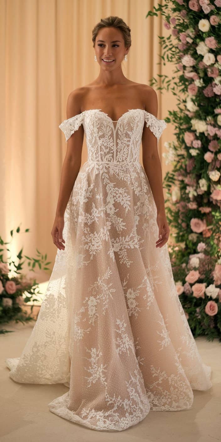 Delicate lace-overlay trumpet wedding dress with intricate patterns on a fitted bodice and flared skirt, showcasing romantic trumpet wedding dresses
