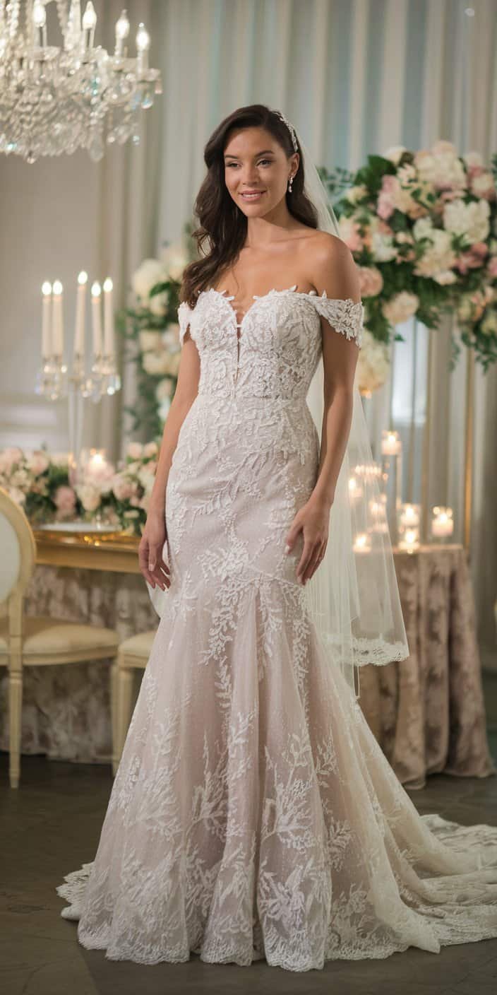 Timeless lace-overlay trumpet wedding dress with refined detailing and a graceful flare, a standout among sophisticated trumpet wedding dresses.