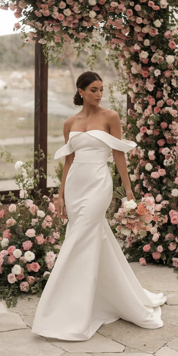 Refined trumpet wedding dress with artful bead embellishments and a softly flared skirt, ideal for an upscale collection of trumpet wedding dresses