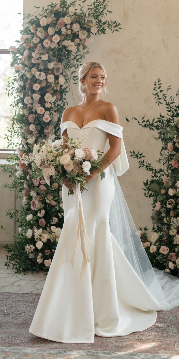 Sleek minimalist trumpet wedding dress with a clean, fitted bodice and understated flare, perfect for modern trumpet wedding dresses.