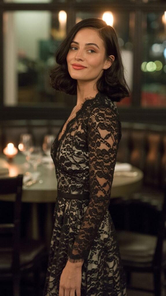 A realistic close-up photo of a woman from the waist up, wearing an elegant black lace midi dress. She is smiling slightly, standing against a softly lit, romantic restaurant background. The focus is on the texture of the floral lace. Portrait aspect ratio (2:3)