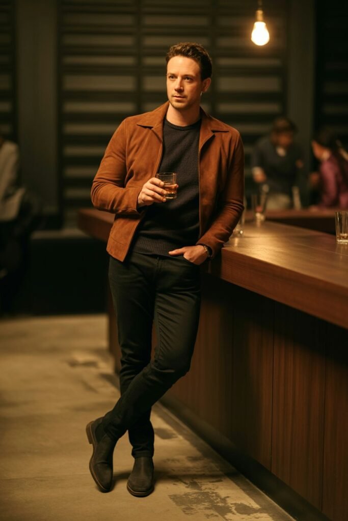 A man in his 30s standing in a modern, dimly lit bar. He wears a rich tobacco-brown suede jacket over a black merino wool crewneck sweater, slim black jeans, and sleek black leather Chelsea boots. He holds a glass of whiskey. The mood is confident and refined. Portrait orientation (2:3)