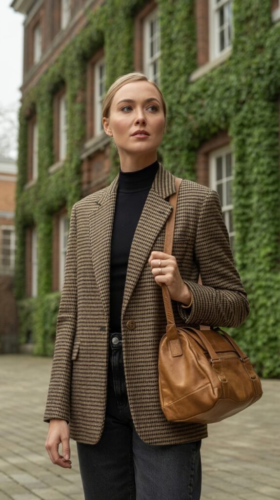 A woman is standing in front of an old, ivy-covered brick building. She is wearing a brown and black glen plaid blazer over a black turtleneck and dark-wash jeans. She is carrying a leather satchel. The mood is classic and intellectual. Portrait aspect ratio (2:3)