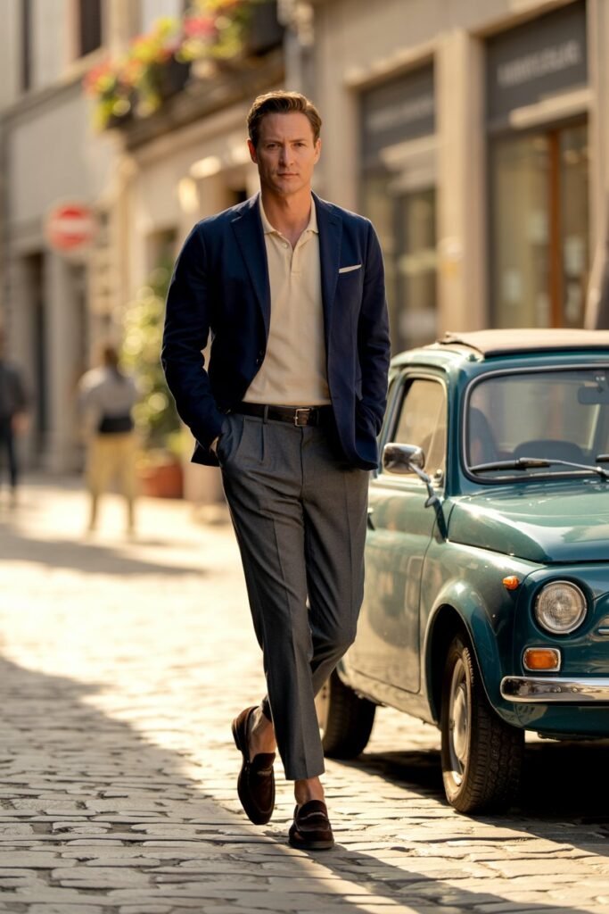  A stylish man in his late 30s walking down a European-style cobblestone street. He wears a navy Bonobos unconstructed blazer, a cream-colored knit polo, charcoal grey pleated trousers, and dark brown suede loafers. He is not wearing socks. The look is relaxed and confident. Portrait orientation (2:3), soft afternoon light.