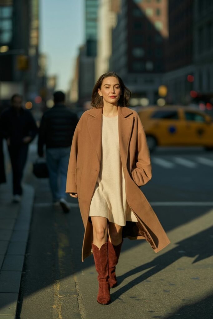 A woman is walking towards the camera on a city sidewalk. She wears a camel-colored oversized wool coat over a cream sweater dress, paired with the Staud Wally boots in a rich mahogany suede. The 2:3 vertical photo captures her movement, showing how the boots complement her elegant, monochromatic outfit.