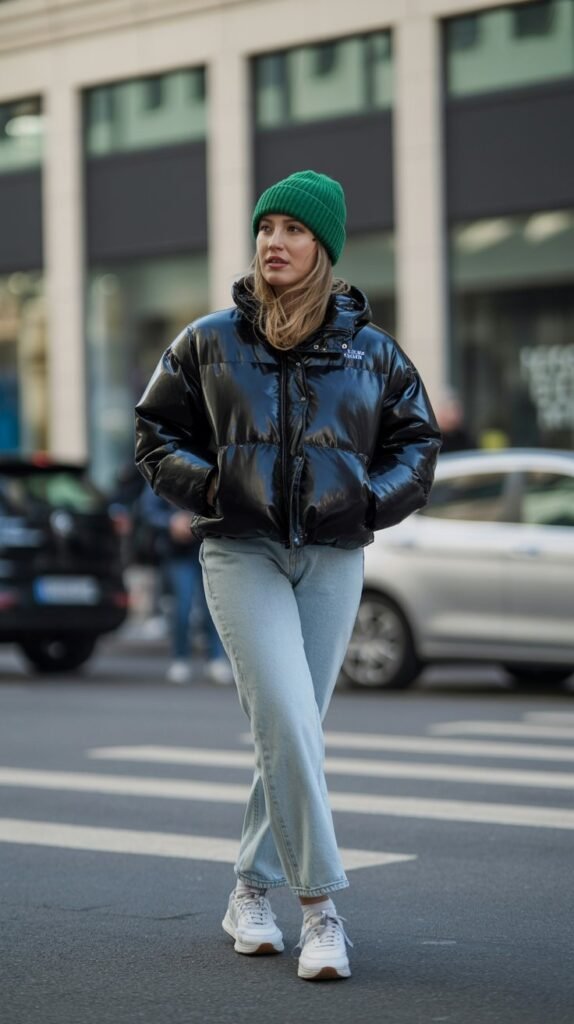 A cool, casual photo of a woman on a winter day in the city. She is wearing a black, slightly glossy puffer jacket, light-wash straight-leg jeans, white sneakers, and a vibrant green beanie. She is looking slightly off-camera. Portrait aspect ratio (2:3)