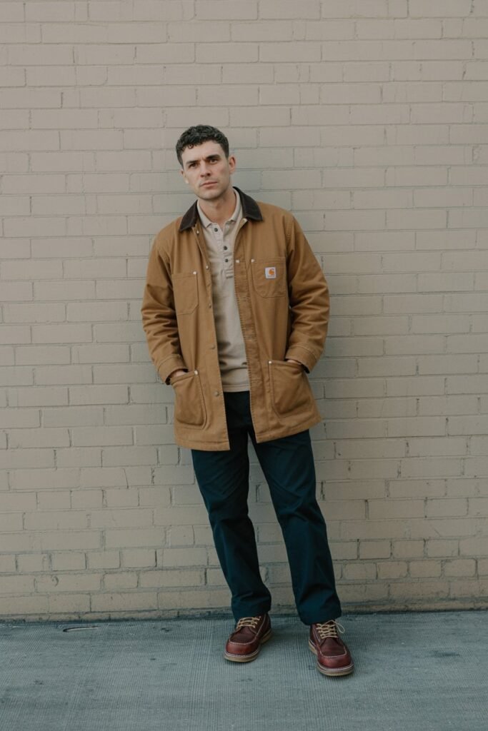 A full-length shot of a man in his early 30s, standing against a clean, industrial brick wall. He wears a Carhartt brown duck chore coat, a natural-colored henley, dark navy Dickies 874 pants, and well-worn Red Wing moc toe boots. Portrait orientation (2:3), natural light, realistic photography.