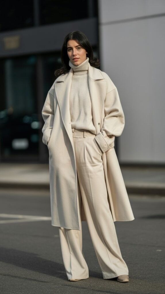 A full-length street style photo of a woman wearing a chic, monochromatic winter outfit. She has on a cream-colored wool coat, a matching cashmere turtleneck, and wide-leg cream trousers. The background is a clean, minimalist urban setting with soft morning light. Portrait 2:3