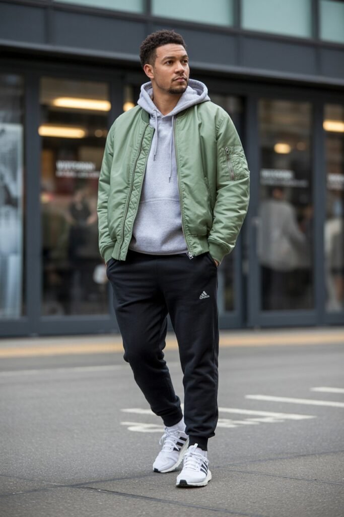 A man in an urban setting, perhaps waiting for a subway. He wears a sage green MA-1 bomber jacket over a heather grey pullover hoodie. He's wearing black Lululemon ABC pants and white adidas Ultraboost sneakers. The look is clean, modern, and functional. Portrait orientation (2:3)