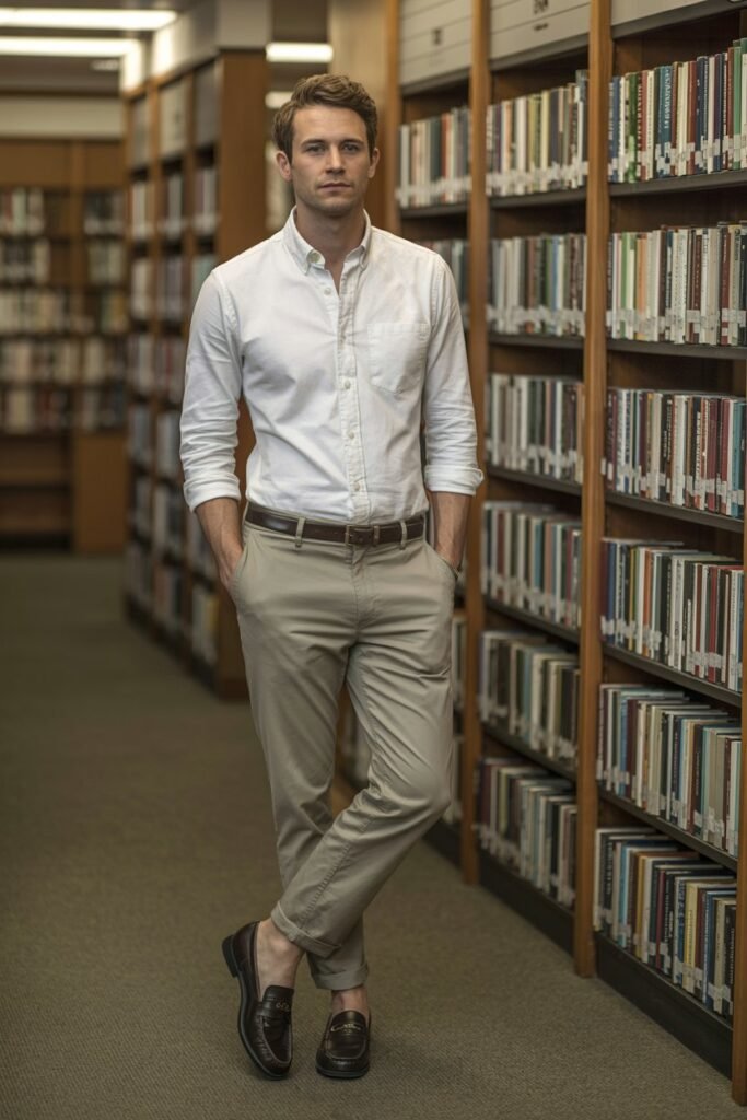 A man in his late 20s stands in a library or bookstore setting. He wears a crisp white Oxford cloth button-down shirt with the sleeves casually rolled, stone-colored J.Crew chinos, and dark brown G.H. Bass penny loafers without socks. He has a relaxed, intellectual air. Portrait orientation (2:3)
