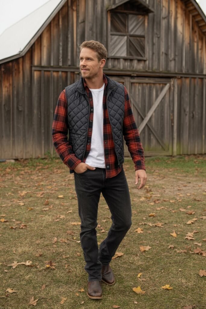 A man standing in front of a rustic wooden barn in the fall. He wears an open red-and-black plaid flannel shirt over a white t-shirt, a navy quilted vest, dark-wash jeans, and leather boots. He has a slight smile. Portrait orientation (2:3), crisp autumn lighting.