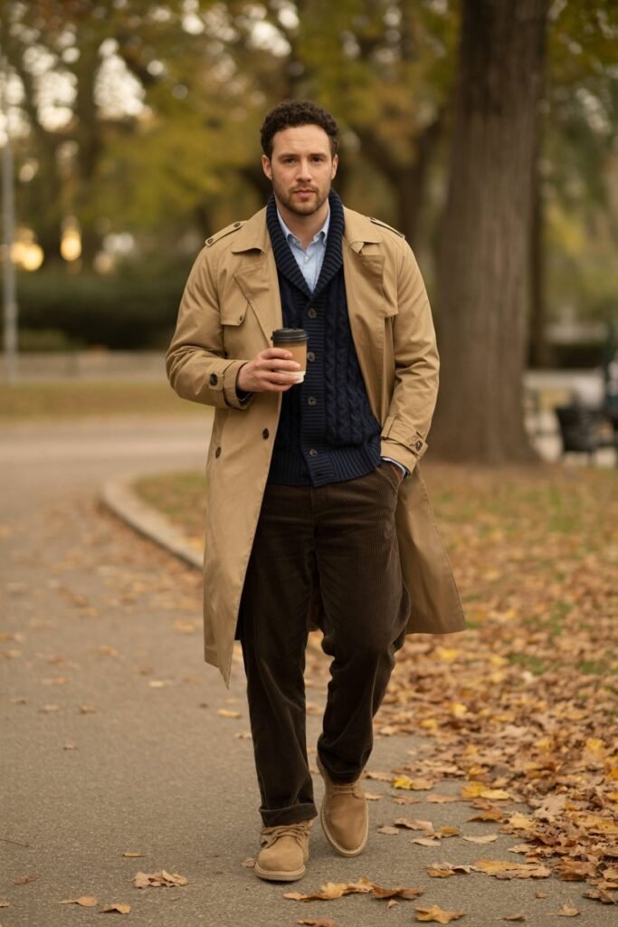 A man walking through a park with autumn leaves on the ground. He wears a classic khaki trench coat open over a navy shawl-collar cardigan, dark brown corduroy pants, and sand-colored suede desert boots. He is holding a coffee cup. Portrait orientation (2:3), warm, golden-hour light.