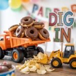 A close-up shot of one of kids' birthday party themes, the food on table. A toy dump truck is filled with chocolate donut "wrecking balls." Another toy loader scoops up potato chip "rubble." A sign reads "Dig In."