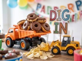 A close-up shot of one of kids' birthday party themes, the food on table. A toy dump truck is filled with chocolate donut "wrecking balls." Another toy loader scoops up potato chip "rubble." A sign reads "Dig In."