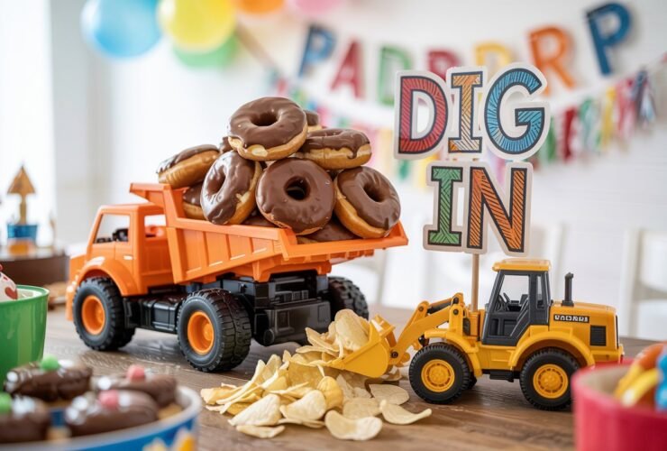 A close-up shot of one of kids' birthday party themes, the food on table. A toy dump truck is filled with chocolate donut "wrecking balls." Another toy loader scoops up potato chip "rubble." A sign reads "Dig In."