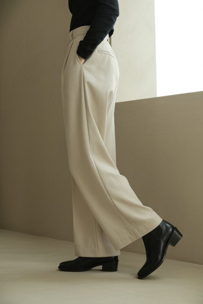 A minimalist, vertical 2:3 photo of a woman from the waist down, standing against a beige wall. She is wearing tailored, cream-colored wide-leg trousers and the Everlane Day Boot in black leather. The composition is clean and focuses on the sleek interaction between the pant hem and the boot.
