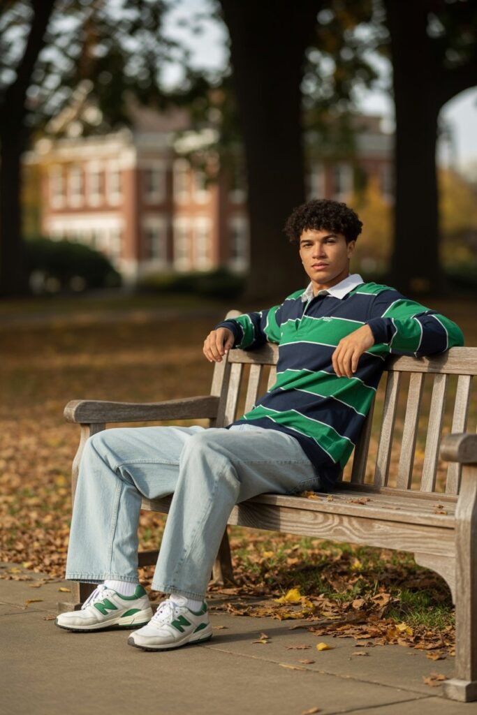 A young man sitting on a campus bench. He wears a navy and green striped rugby shirt, light-wash relaxed taper jeans, and white and green New Balance 550 sneakers. The mood is relaxed and effortlessly cool. Portrait orientation (2:3).
