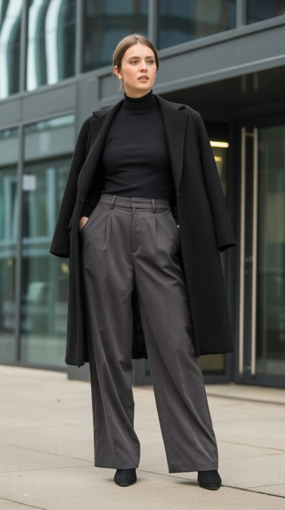 A sharp, full-length photo of a woman standing outside a modern office building. She is wearing charcoal grey high-waisted wide-leg trousers, a fitted black turtleneck, and black heeled boots, with a black wool coat draped over her shoulders. Portrait aspect ratio (2:3).