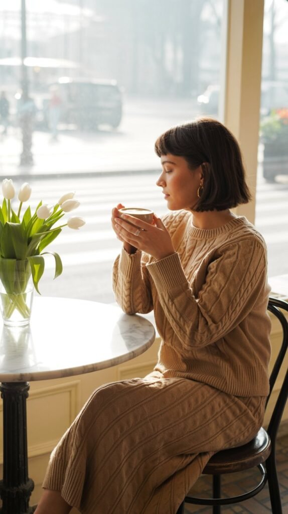 A woman is sitting at a table in a bright, airy cafe, holding a latte. She is wearing a matching camel-colored cable-knit sweater and midi skirt set. The focus is on the cozy texture of the knit. Portrait aspect ratio (2:3)