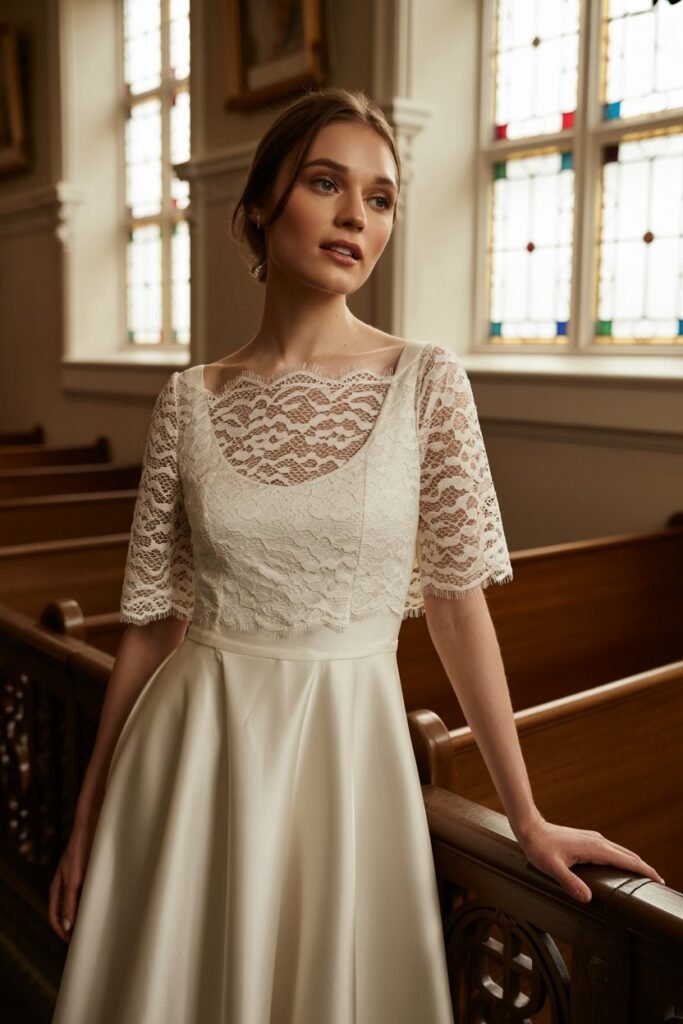 Budget-conscious brides and traditional ceremonies, A-line with lace applique, Lace over satin, Floor-length, 0-30W, Dry clean recommended