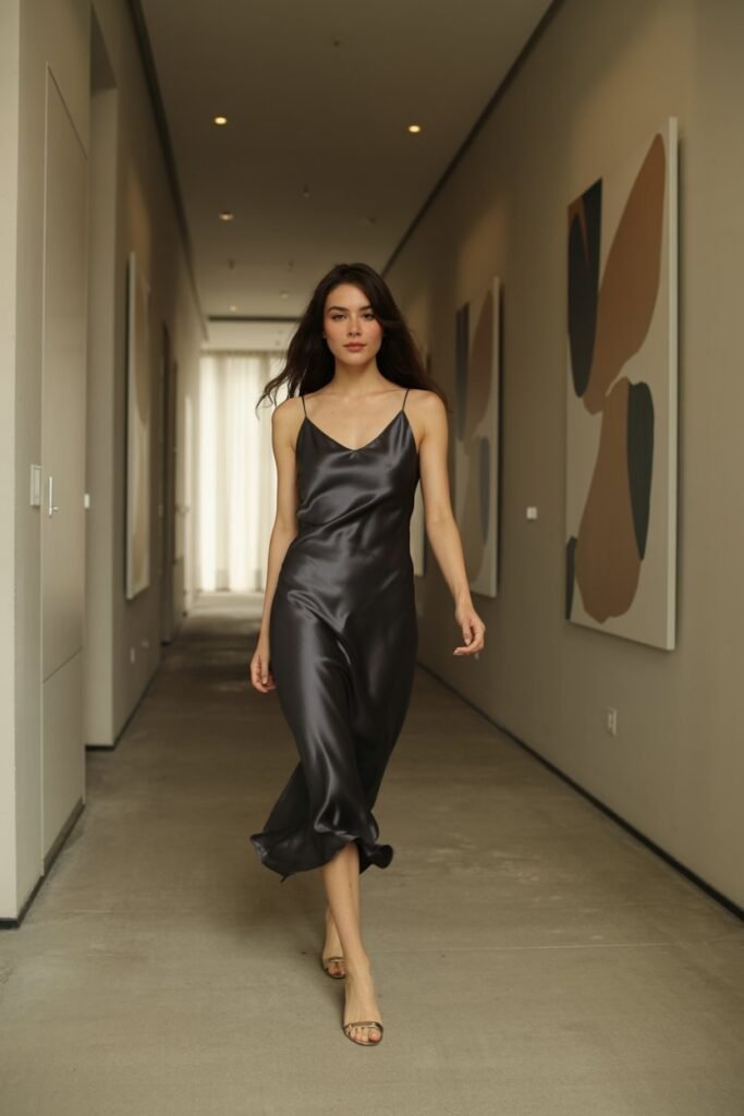 A full-length photo of a woman walking down a chic, neutral-toned hallway, wearing a black silk slip dress. The dress shows movement and a slight sheen from the silk. The mood is effortless and elegant. Portrait aspect ratio (2:3)