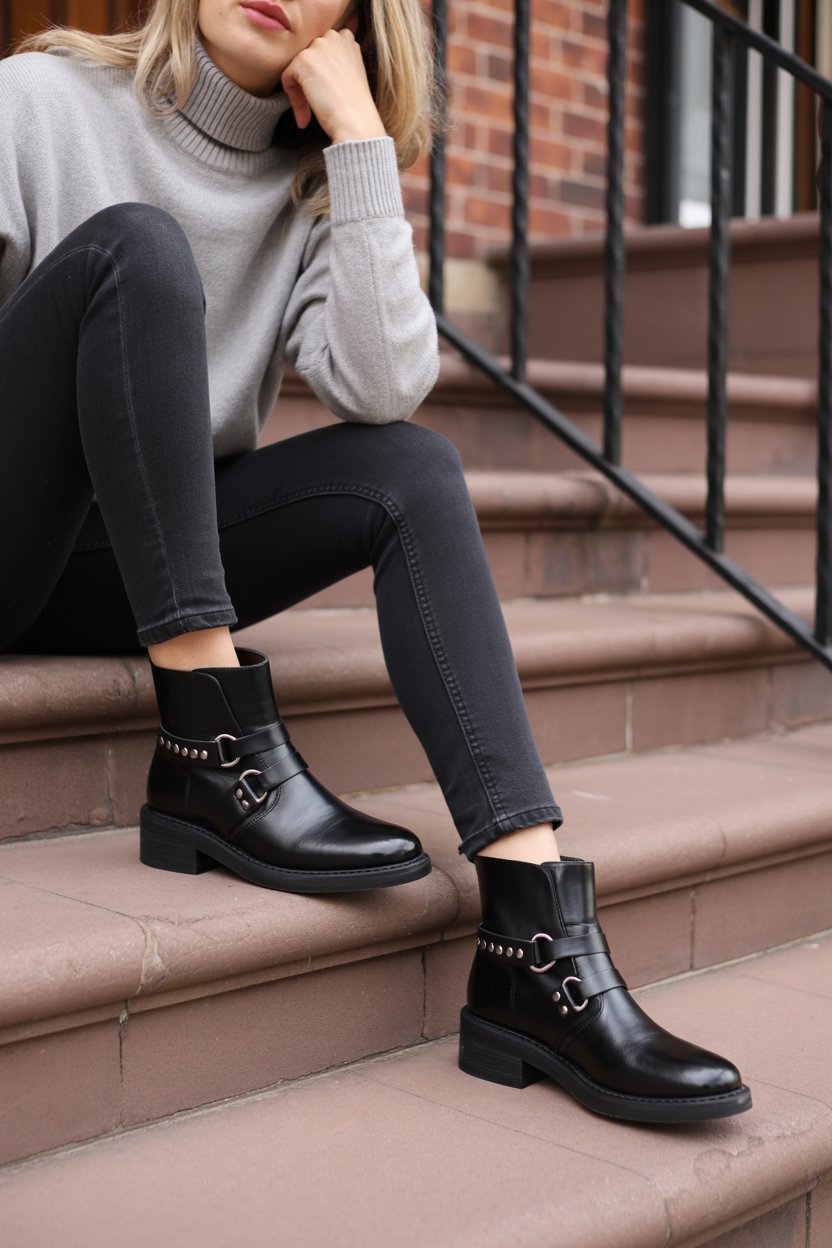 A stylish woman is sitting on the steps of a brownstone, looking off-camera. She wears black skinny jeans, a gray cashmere sweater, and the Frye Veronica Flex Harness booties in black. The 2:3 portrait shot focuses on the boots, highlighting the silver harness detail against the rich leather.