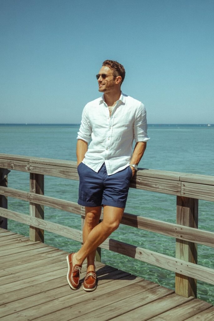  A man standing on a boardwalk with the ocean in the background. He wears a white linen shirt with the sleeves rolled up, navy blue chino shorts that hit above the knee, and classic brown leather boat shoes. He is wearing sunglasses and looks relaxed. Portrait orientation (2:3), bright, sunny day.