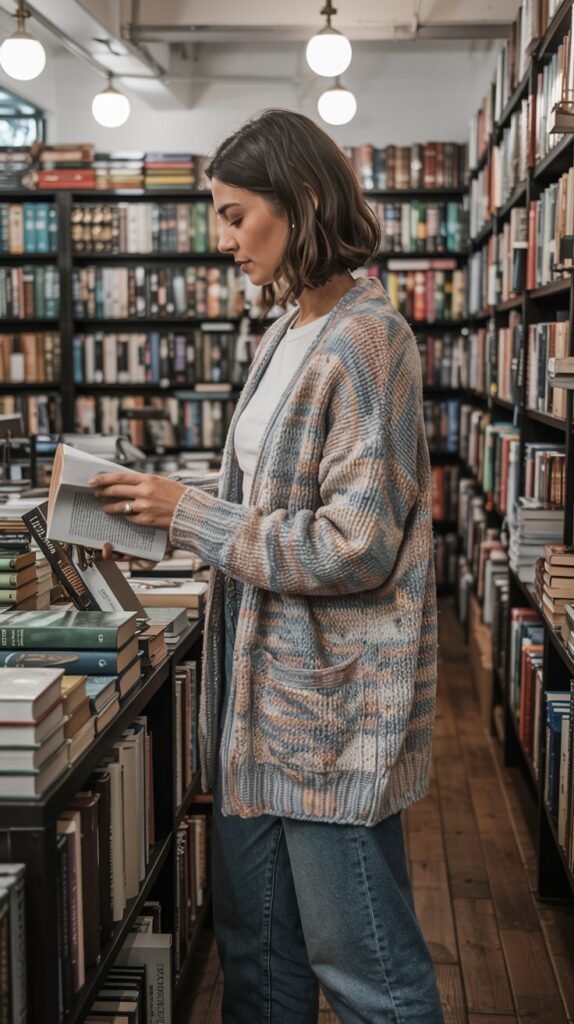 A woman is browsing in a cozy bookstore, seen from the side. She is wearing a speckled, chunky grey cardigan sweater over a white t-shirt, paired with classic blue jeans and brown leather loafers. The lighting is warm and inviting. Portrait aspect ratio (2:3)