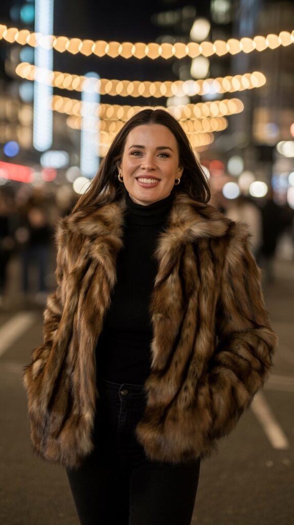 A woman is captured at night on a city street with blurred festive lights in the background. She is wearing a luxurious brown faux fur coat over an all-black outfit. She is smiling and looking confidently at the camera. Portrait aspect ratio (2:3)