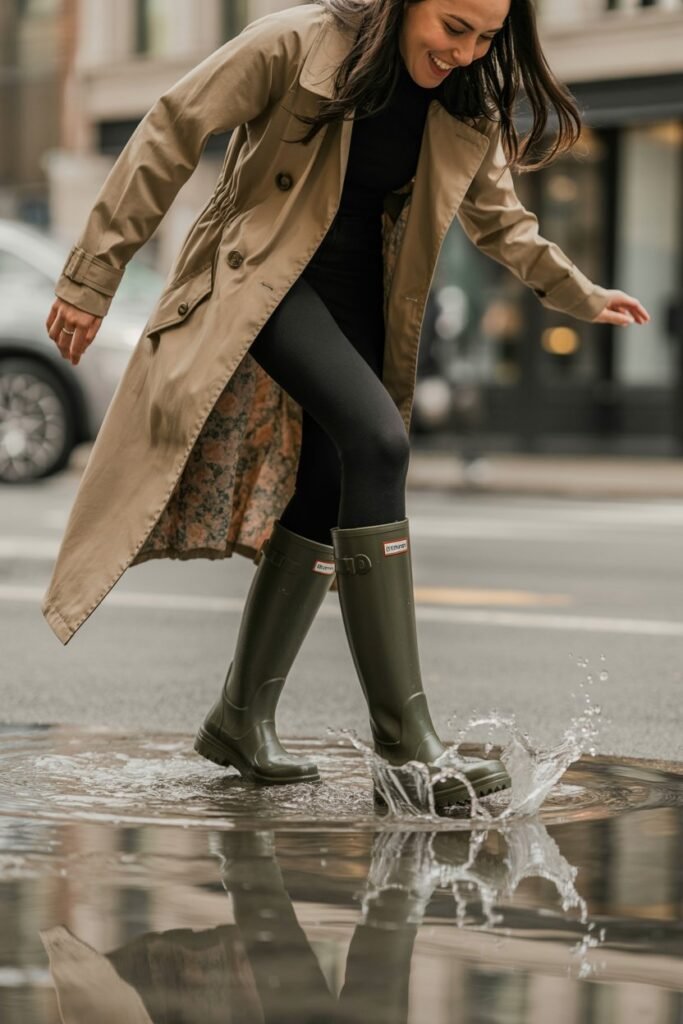 A woman is joyfully splashing in a small, clean puddle on a wet city street. She is wearing dark green Hunter Original Tall boots, black leggings, and a classic beige trench coat. The 2:3 vertical shot captures the motion and fun, with a focus on the iconic waterproof boots.