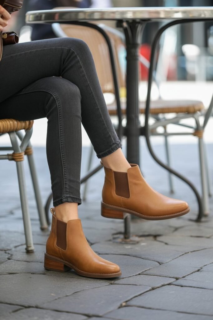 A woman is sitting at an outdoor cafe, crossing her legs. The shot is a 2:3 vertical frame focusing on her feet, wearing the Naturalizer Kalina booties in a tan suede with dark-wash skinny jeans. The background is slightly blurred, emphasizing the texture and classic shape of the boot.