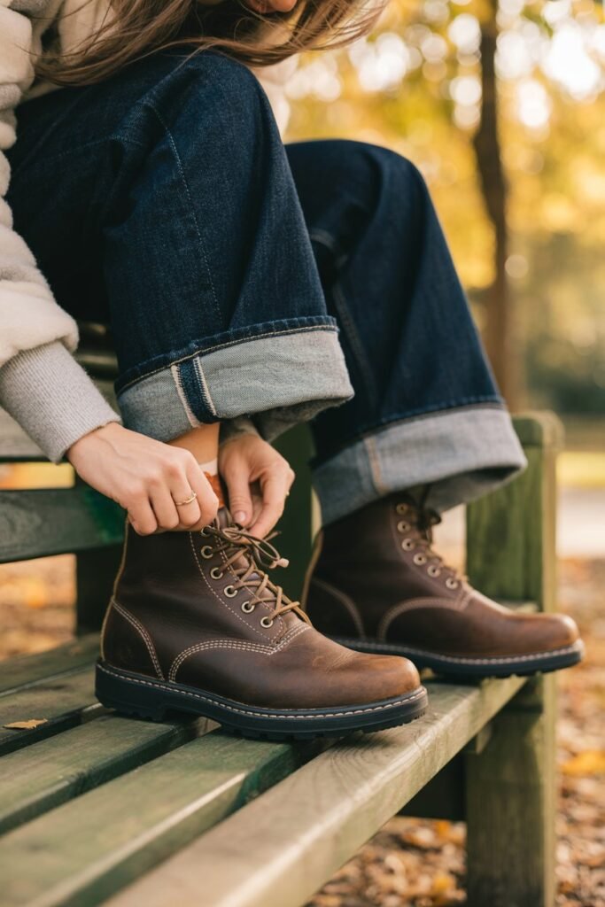 A woman is sitting on a wooden park bench, surrounded by fall foliage, tying her shoelace on another shoe. The focus is on her feet, wearing the Blundstone 585 boots in Rustic Brown with dark denim jeans cuffed just above the boot. The 2:3 portrait shot has a warm, golden-hour glow.
