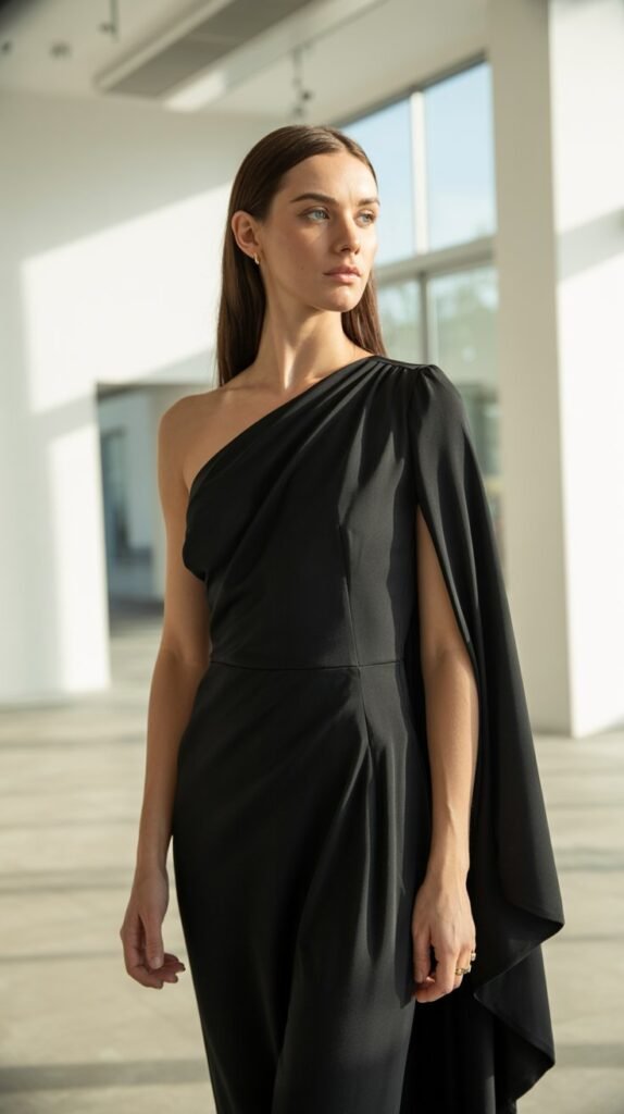 A woman is standing in a brightly lit, modern art gallery. She is wearing a black one-shoulder dress with an elegant drape. The photo is taken from a slight side angle to emphasize the dress's architectural lines. Portrait aspect ratio (2:3)