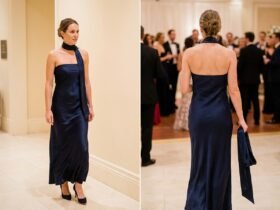 fall wedding guest dress shown in a realistic