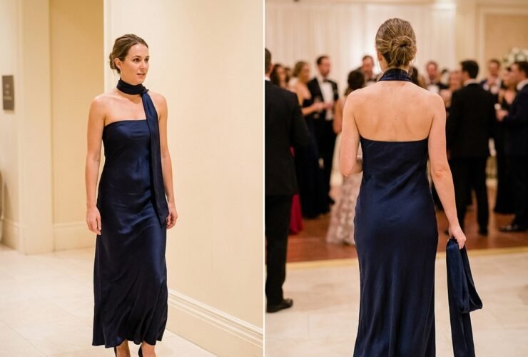 fall wedding guest dress shown in a realistic