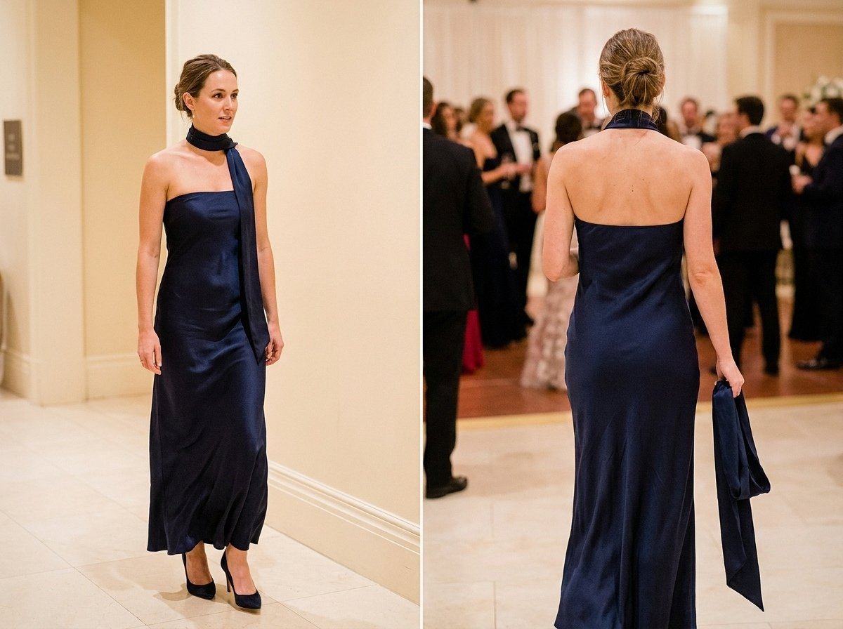 fall wedding guest dress shown in a realistic